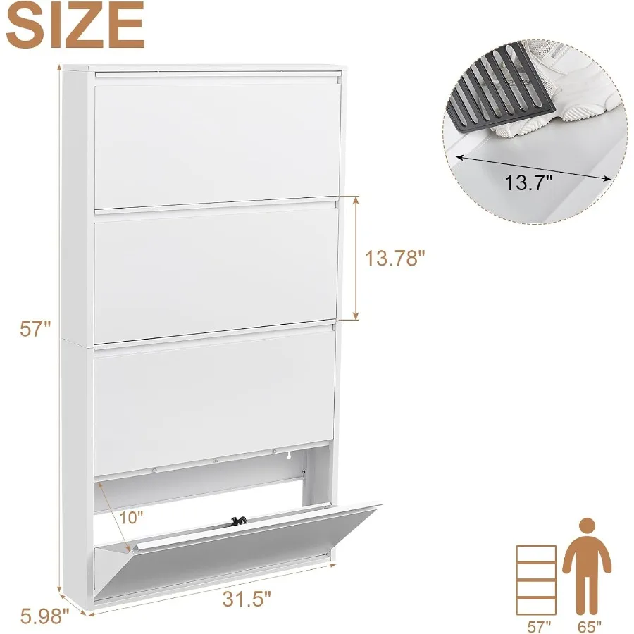 Shoe Cabinet with 4 Flip Drawers for Entryway, Metal Wall Shoe Storage Cabinet for Entryway, Slim Shoe Cabinet for Hallway, Liv