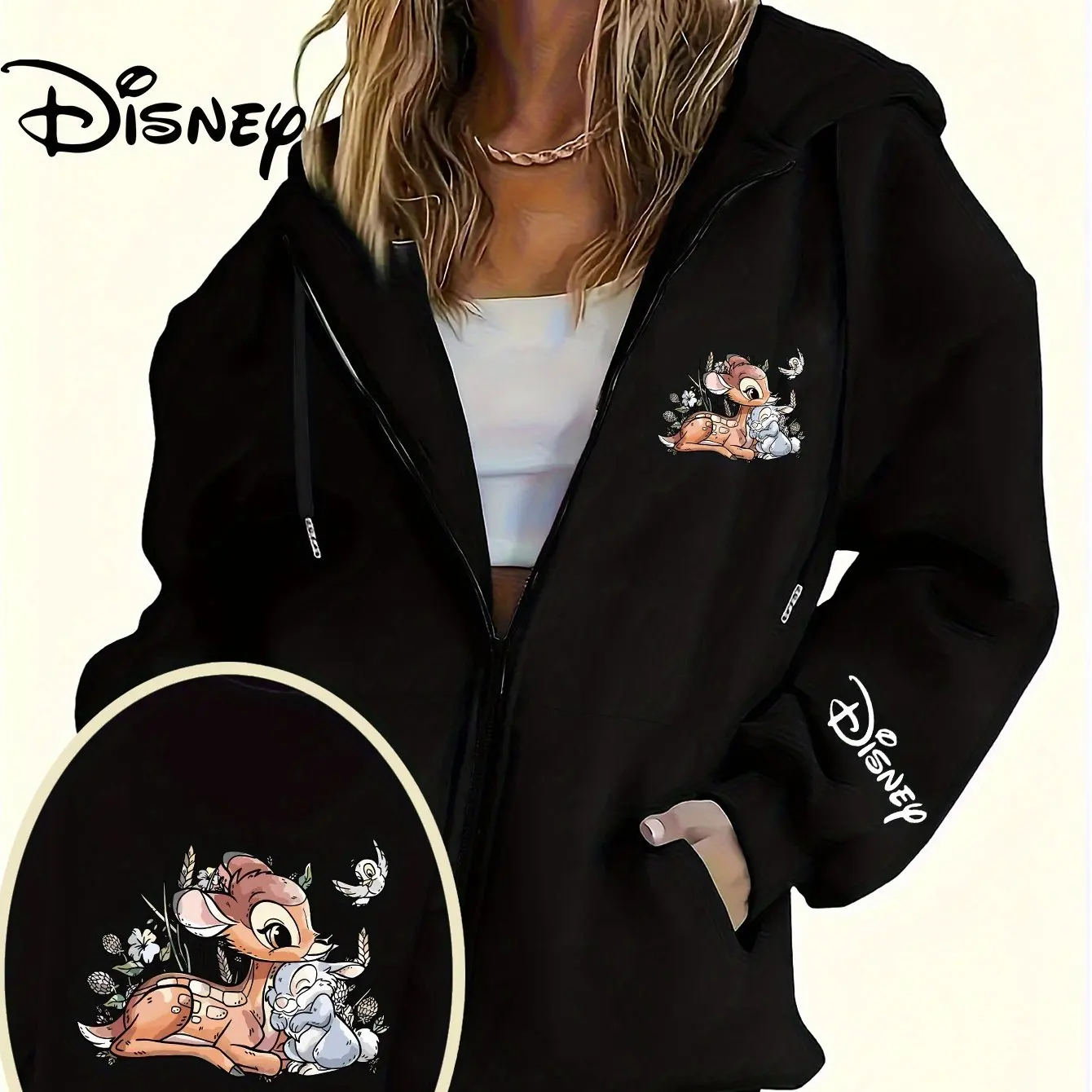 

Женская уютная толстовка с капюшоном Disney Bambi and Rabbit — закрытая молния спереди, мягкая куртка с капюшоном, принтами Бэмби и кролика