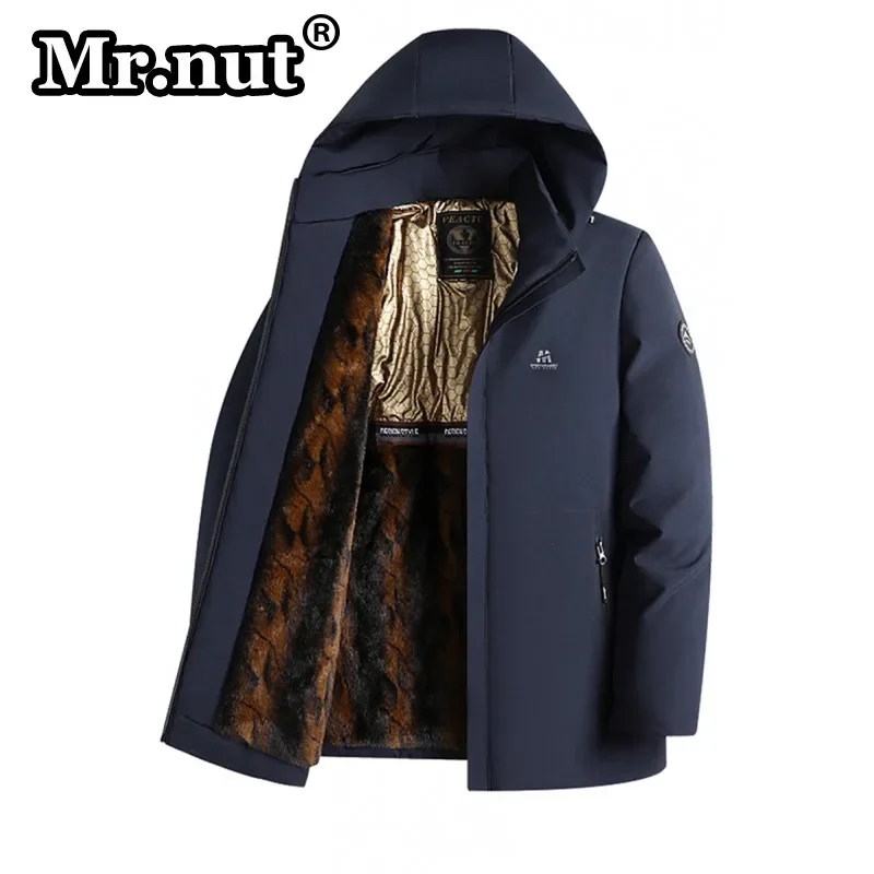 Mr.nut Business Solid Color Warm Cotton-padded Jackets Winter Clothing Velvet Thickened Hooded Jacket Windbreak Durable Men Coat