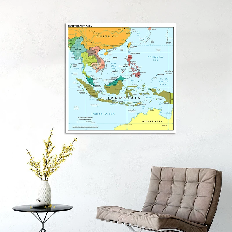 Adhesivo de pared de tela no tejida plegable, tarjeta de decoración de habitación, suministros de enseñanza y viaje, mapa política inglés, 90x90cm