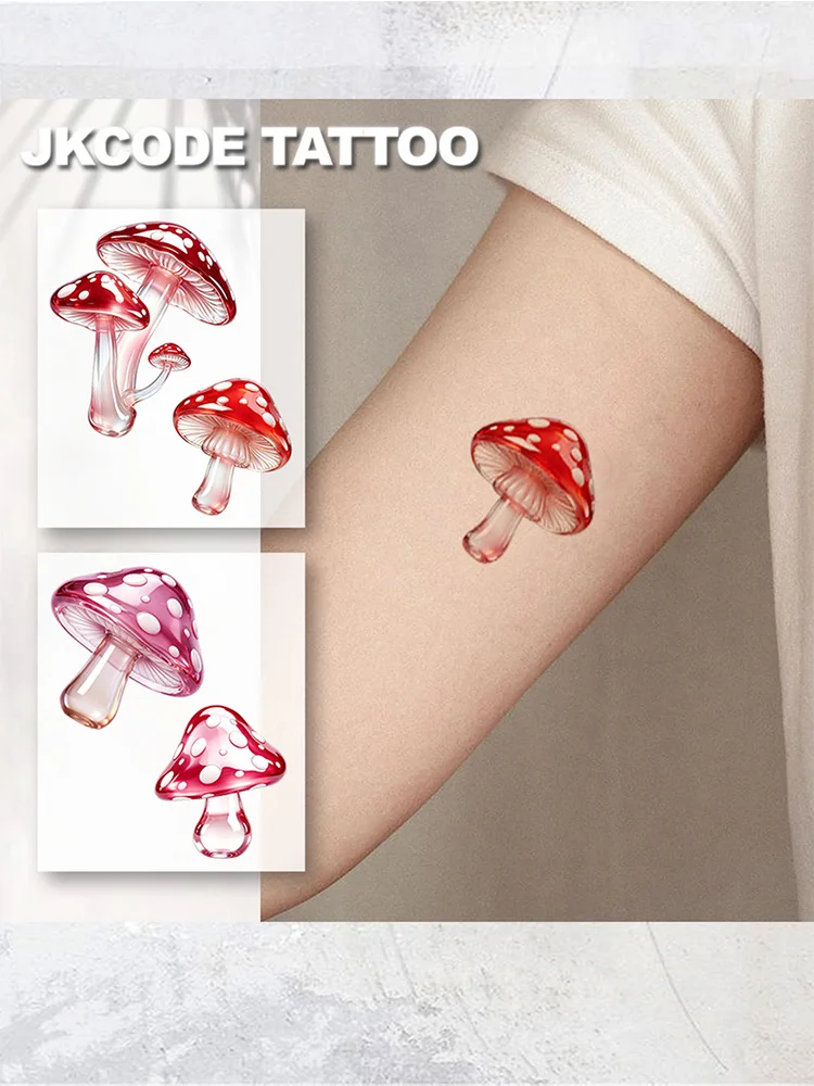 2 Realistic 3D Pink Mushroom Jelly Temporary Tattoos, Stylish and Fashionable Arm Tattoo Stickers, Cool Tattoos, Waterproof Tattoos for Women, Simple Colorful Printed Tattoo Stickers, Party Tattoo Stickers, Washable Stickers That Last for 3-5 Days