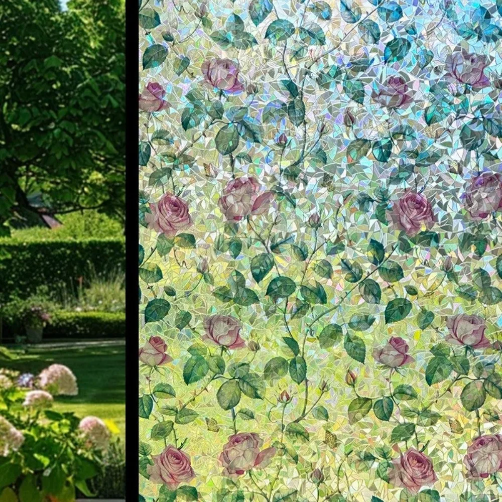 3D Pattern Window Privacy Film Static Cling Removable Frosted Glass Sticker Anti-Look Protection Rose Floral