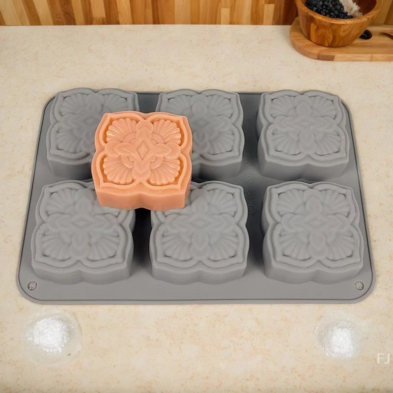 [YU]6-Cavity Vintage Floral Silicone Soap Mold - European Style Square Craft Mold For DIY Handmade Soaps Candle Making