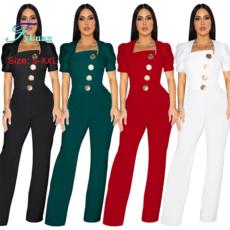 

New Women's Wide Legs Pants Sets Big Button Short Sleeved Square Collar Slimming Romper Pants Solid Color One-Piece Jumpsuits