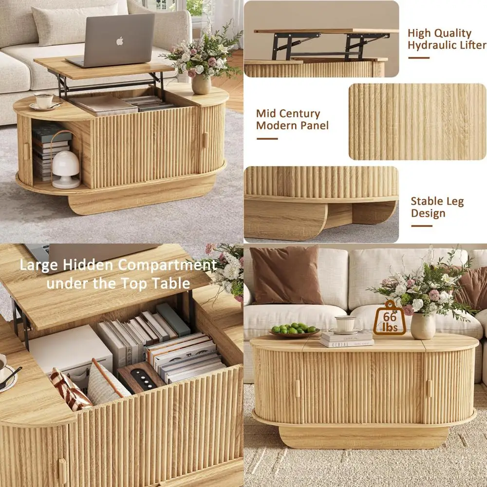 

Овальный деревянный журнальный столик с подъемным верхом для хранения, раздвижными дверцами и потайными отделениями