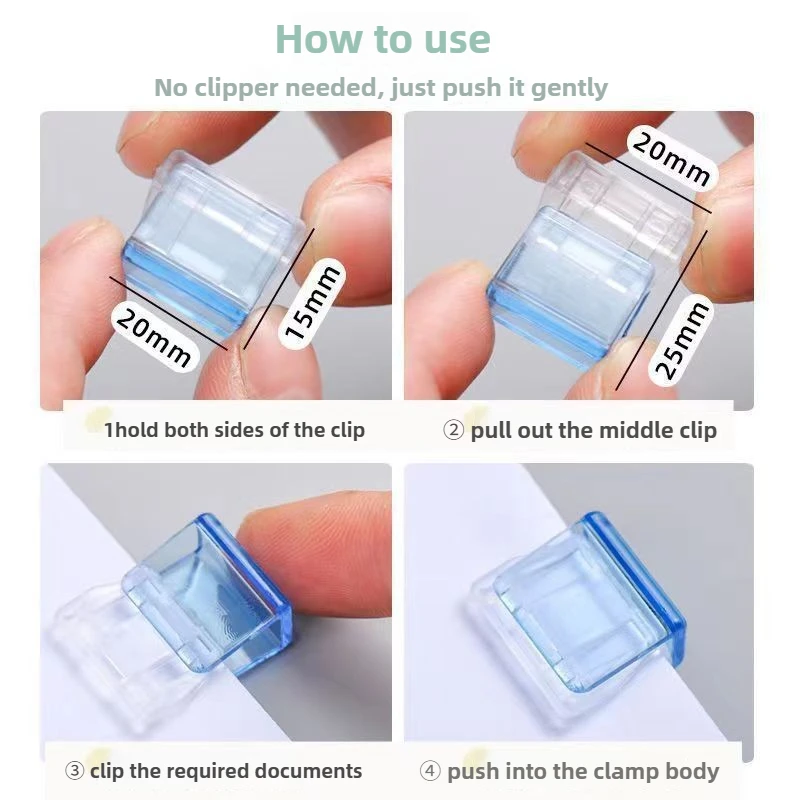 Empujador transparente para almacenar papeles de prueba, sin dejar rastro, para encuadernación de documentos de oficina, papelería y fijación de Clip pequeño, 100 Uds.