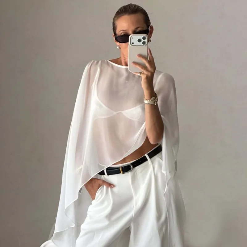 

Talenza Women's White Cover Ups Summer Fashion Hollow See-Through Irregular Loose Top New Vacation Party Casual Women's T-Shirts