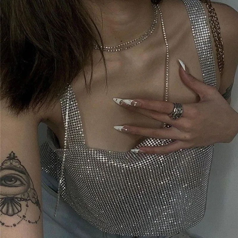 

Women's Rhinestones Tank Top Sparkly Crystal Metal Crop Top Shiny Summer Beach Bikini Dancing Shirts Night Clubwear Streetwear