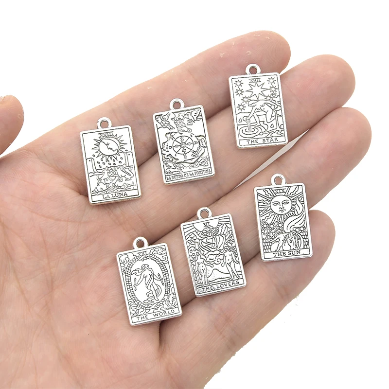 12pcs Silve Plated Mixed Retro Style Witch Divination Tarot Card Tag Alloy Pendant DIY Charms Necklace Bracelet Jewelry Making - view 2