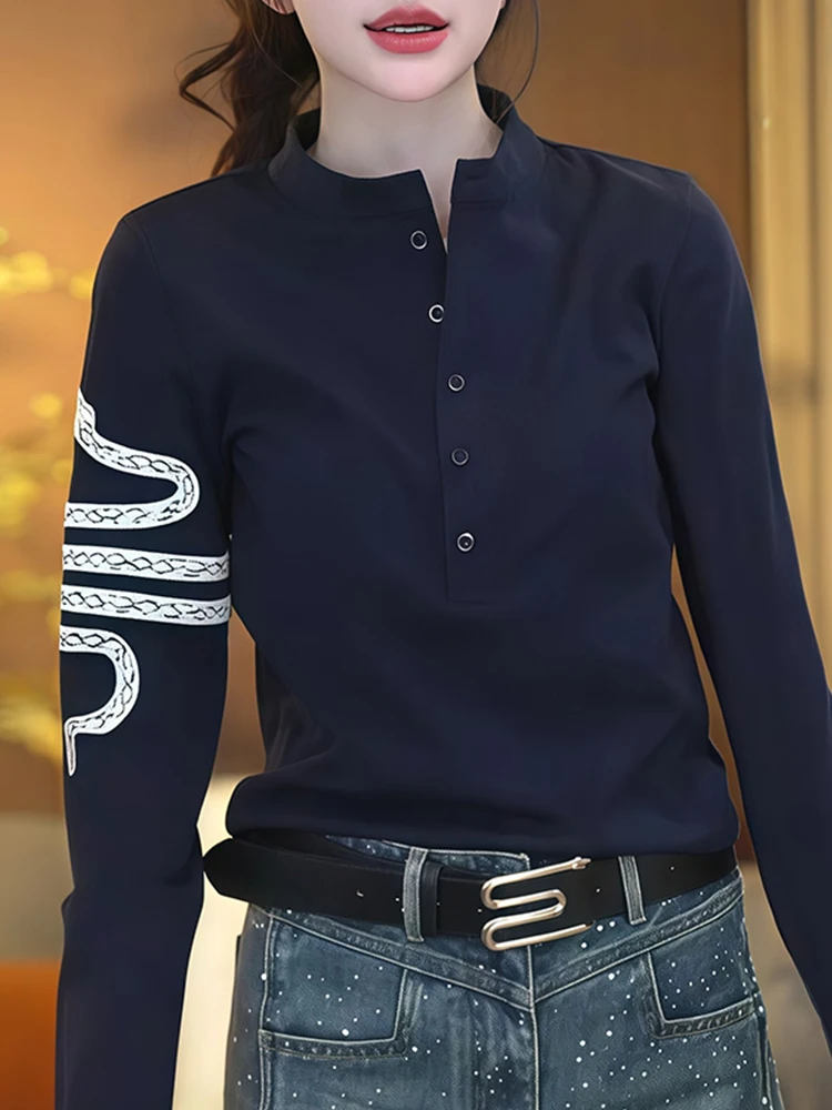 Snakes Year Print Long Sleeve Base Shirt T-shirt Women's Spring Autumn New Fashion Casual High-End Feeling Inner Wear Top