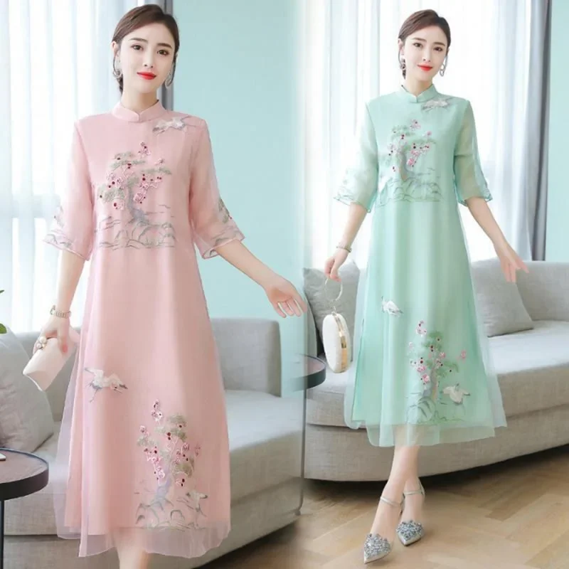 1 pcs/lot cheongsam retro elegant embroidery long mesh dresses floral party dress Chinese summer dress bs3216