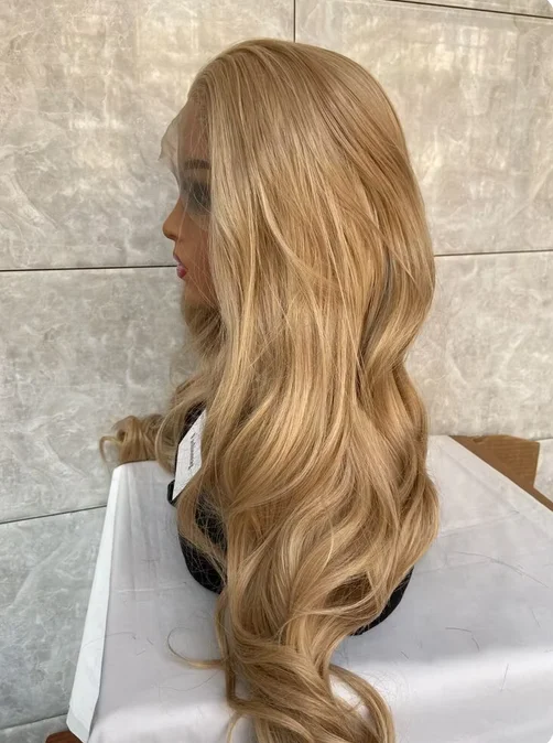 Perruque Lace Front Wig synthétique naturelle ondulée, cheveux humains, blond, long, mélange thermique, pour femmes