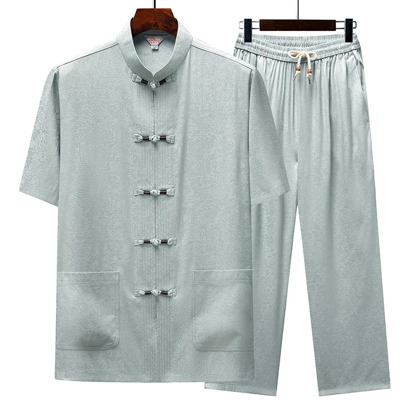 Traje tradicional de satén Jacquard Kung Fu Tai Chi Tang para hombre, camisas de manga corta de estilo chino, pantalones, ropa