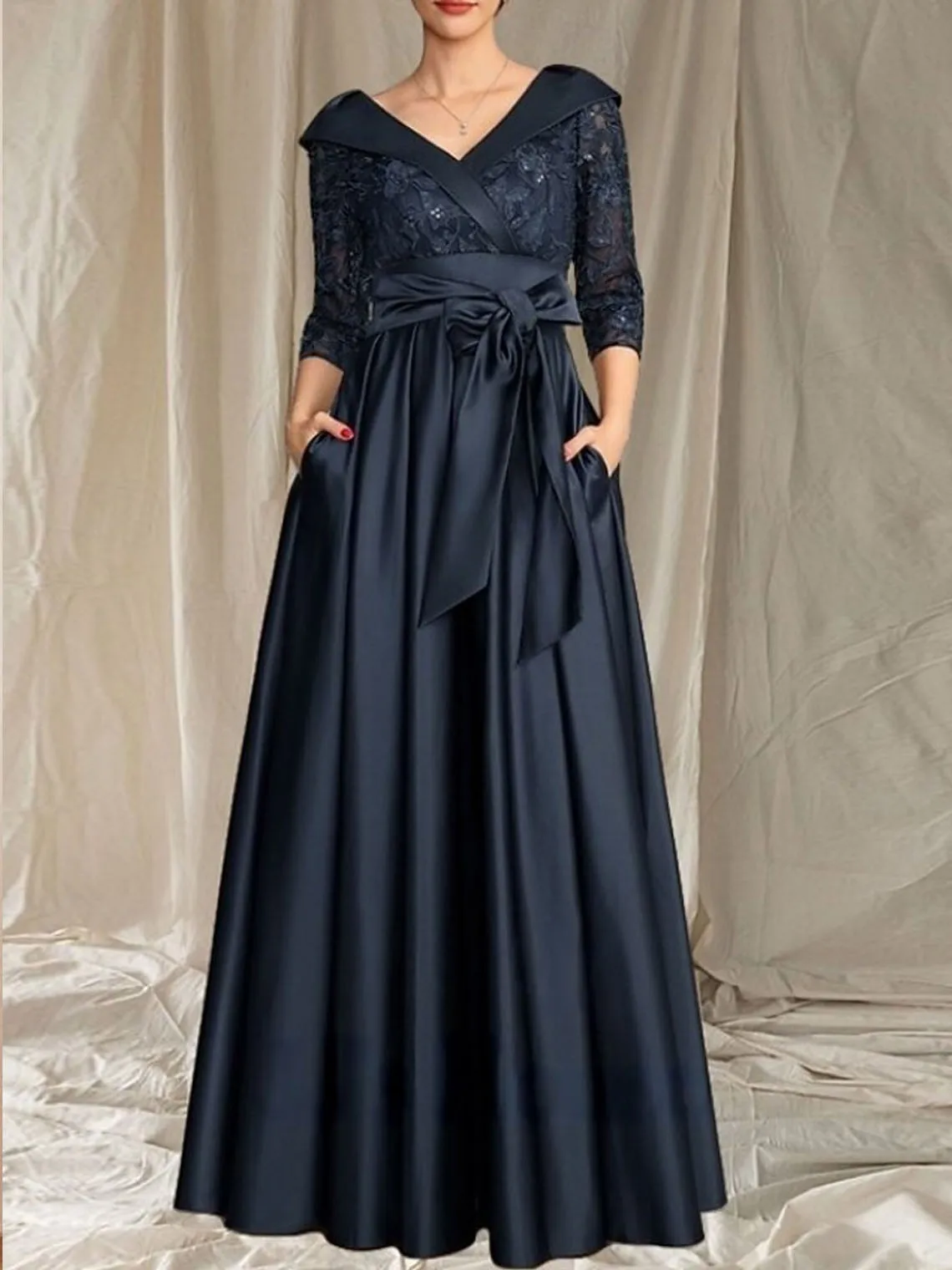 

Elegant A-Line Silk Satin Lace Wedding Dress V Neck Floor Length 3/4 Sleeve Bow Knot Formal Evening Gown 2025 free customized