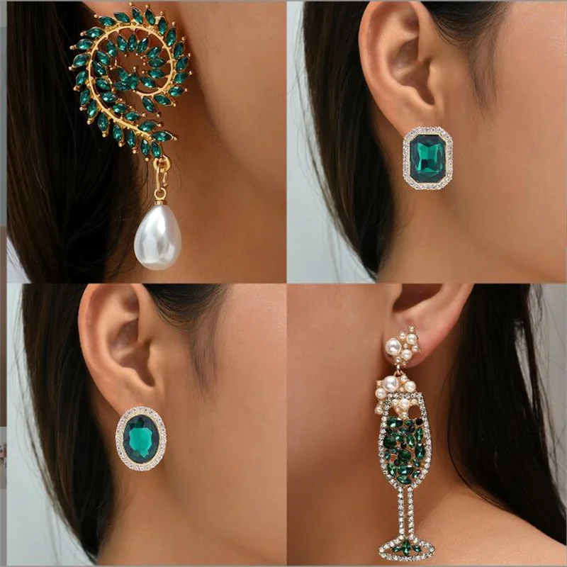 Fashionable light luxury imitation grandmother earrings for women Fresh and trendy with green rhinestone pearl earrings