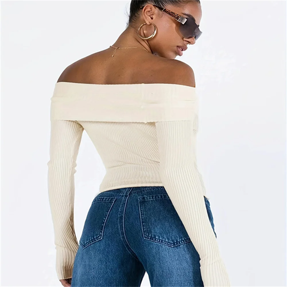 2024 Vintage Ribbed Knit Sweater Women Long Sleeve Off Shoulder Fitted Crop Top  Top with Thumb Hole Cute Jumper Top Knitwear