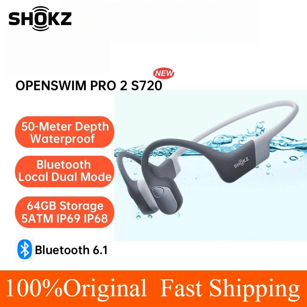 SHOKZ OpenSwim Pro 2 S720: draadloze oordopjes met beengeleidingstechnologie, geschikt voor zwemmen, waterdicht, Bluetooth 6.1, sportoordopjes.