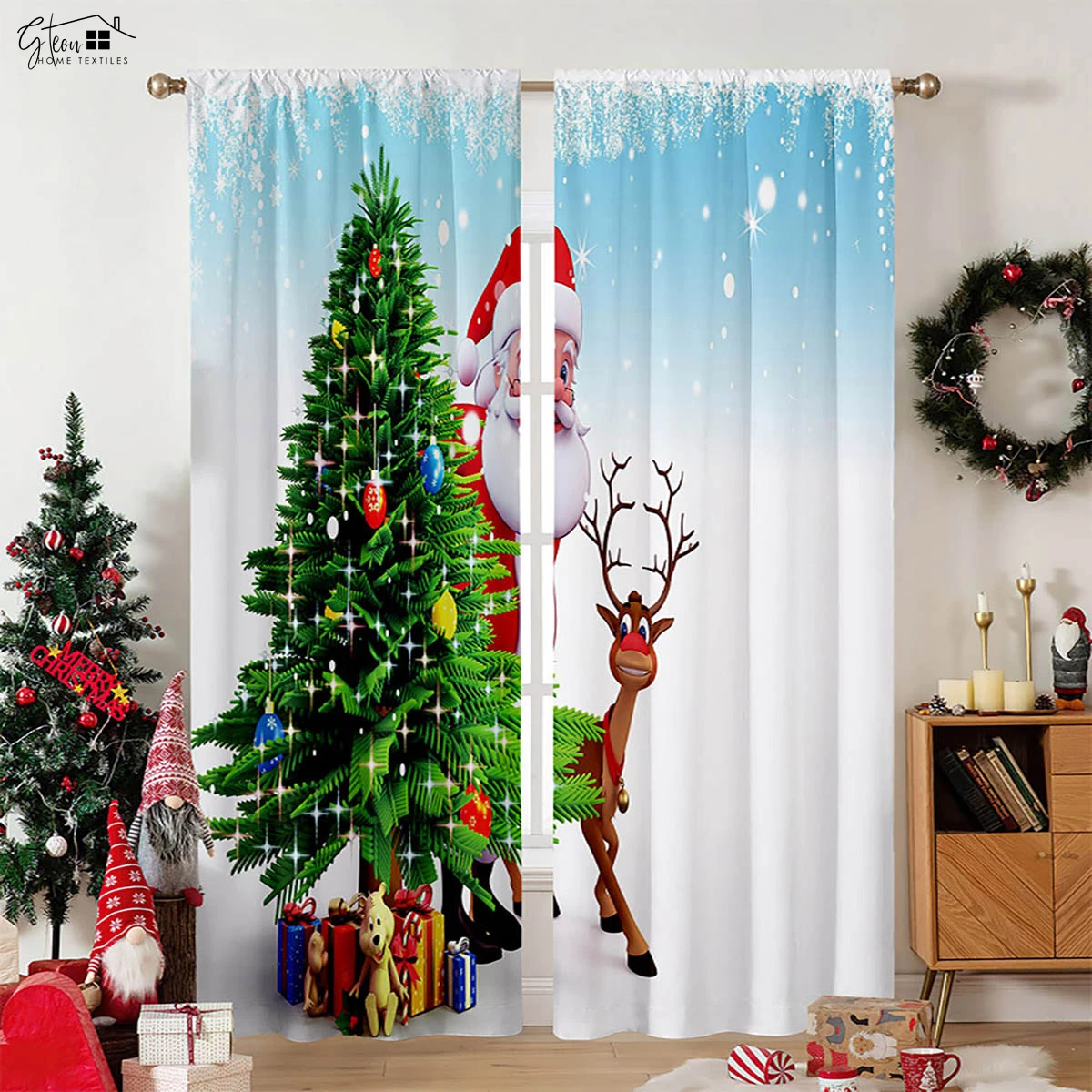 Christmas New Year Decoration Curtains Christmas Tree Santa Claus Gift Living Room Children's Room Festive Atmosphere Curtains