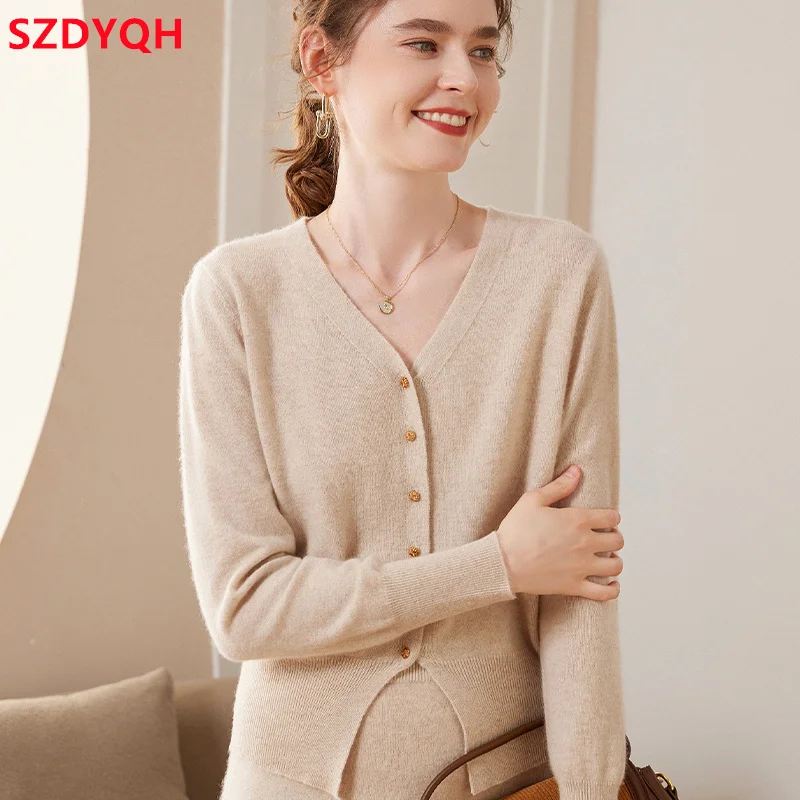 2023 Hot Sale Autumn Winter New Women 100% Cashmere Sweater Female V-Neck Solid Color Knitted Cardigans Loose Jacket Woman Tops