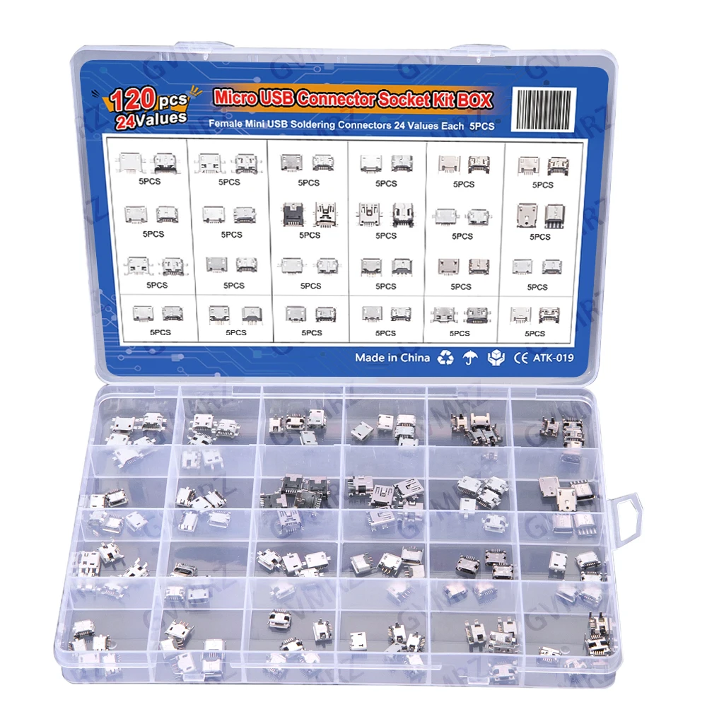 120PCS  24 Models Female Mini Usb Soldering Connectors Diy For MP3/4/5 Samsung Huawei SMD DIP Socket Kit Micro USB Connector Kit