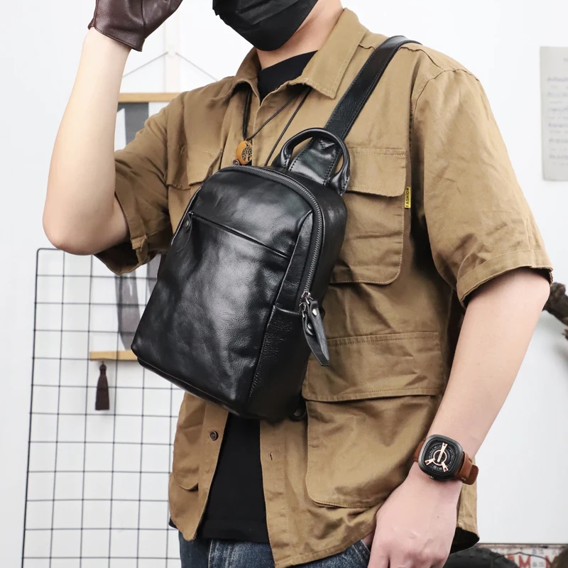 

Handmade Genuine Leather Chest Shoulder Bag Casual Men's Crossbody Bag Outdoor Top Layer Cowhide Small Backpack