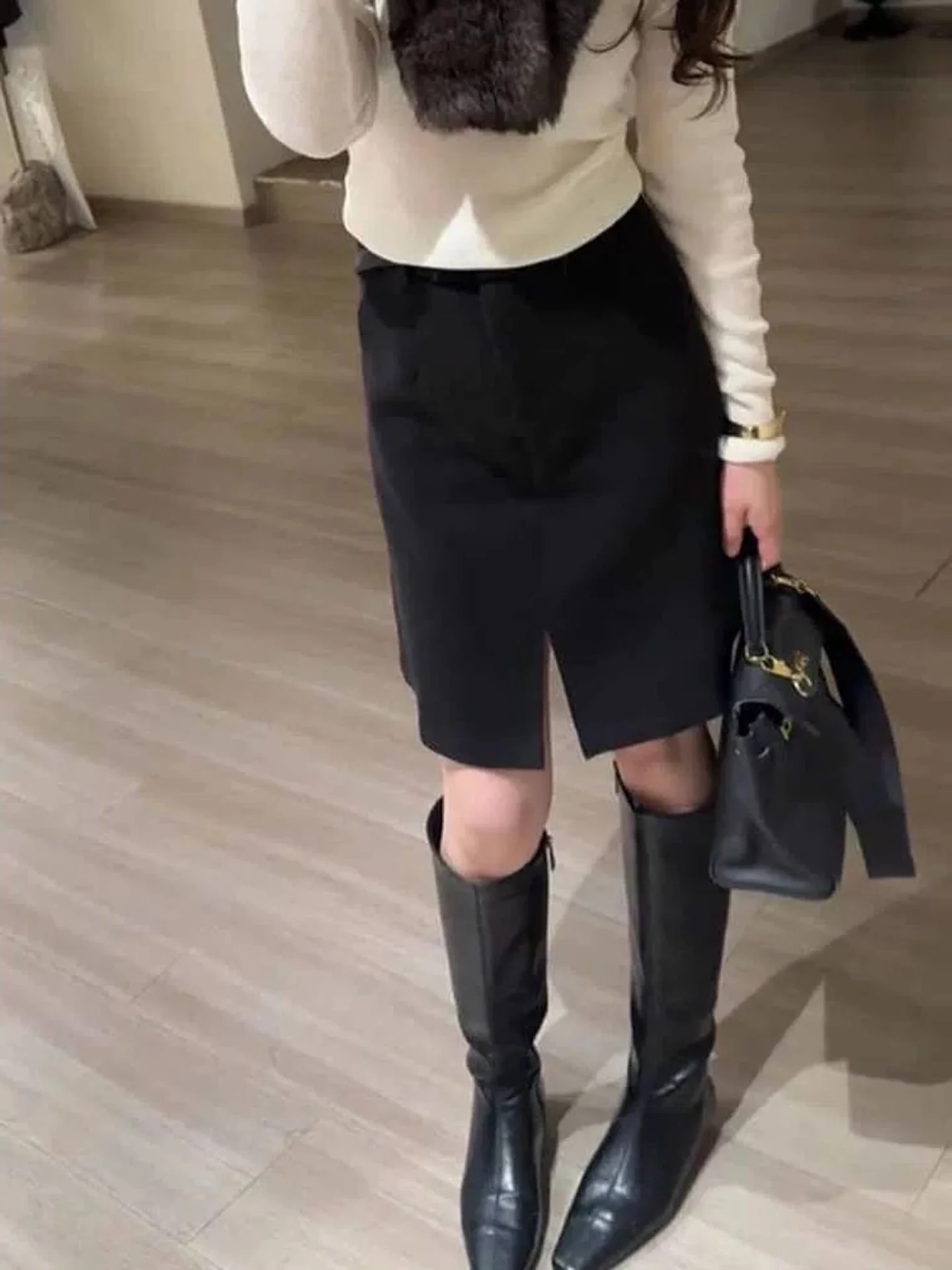 Slimming Black Asymmetrical Design Simple Mid-Length Skirt for Women Commute Style High Waist Pencil Skirt Fall Collection