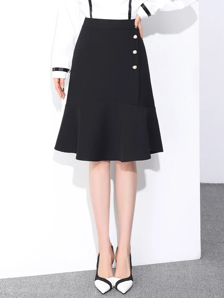 New Fashion Buttons 2020 Spring Autumn Twill Knit Skirts Womens Slim High Waist Black Mermaid S-3XL Knee-Length Skirt 2807