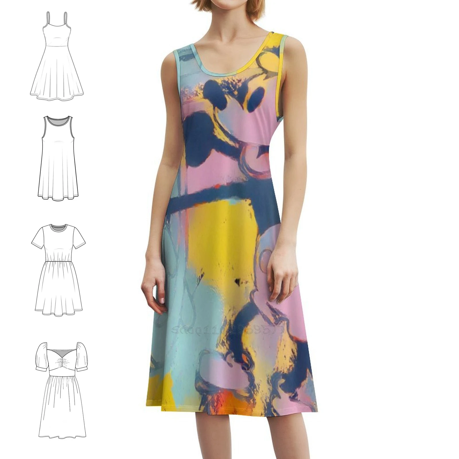 Steamboat Mickey In Warhol Style Bohemian Sleeveless Dress Multi-Print Beach Vacation Party Dress Steamboat Willie Warhol