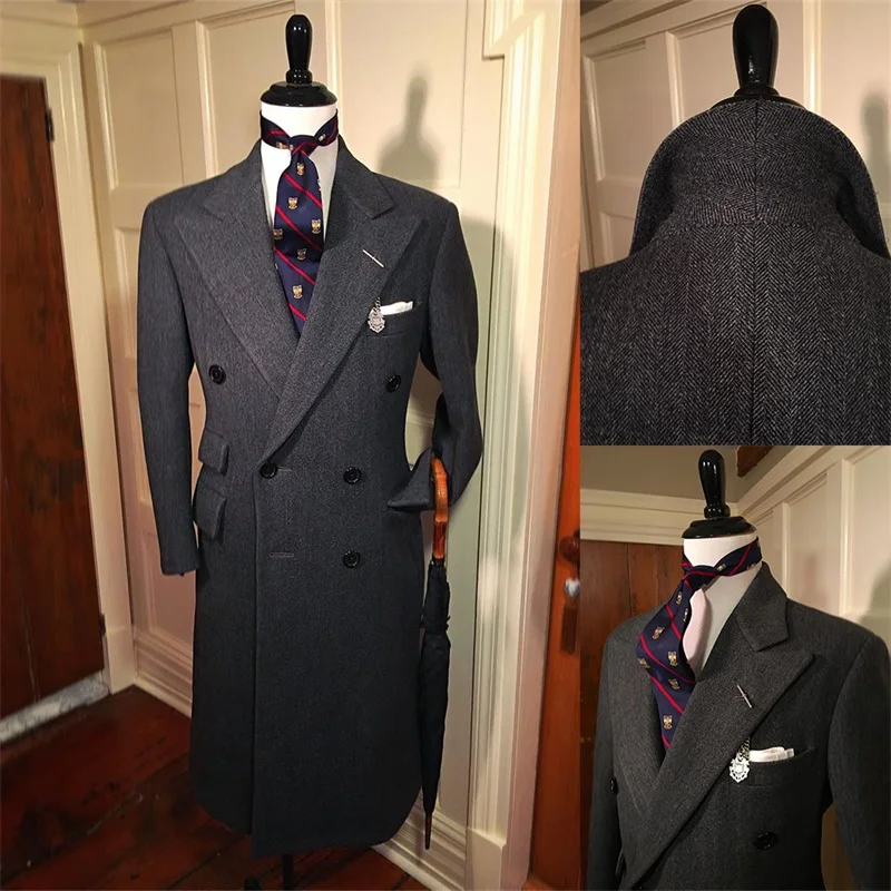 

Herringbone Men Suit Long Overcoat Winter Thick Warm Wool Formal Double Breasted Navy Coat Office Custom Made Jacket Kingcoat