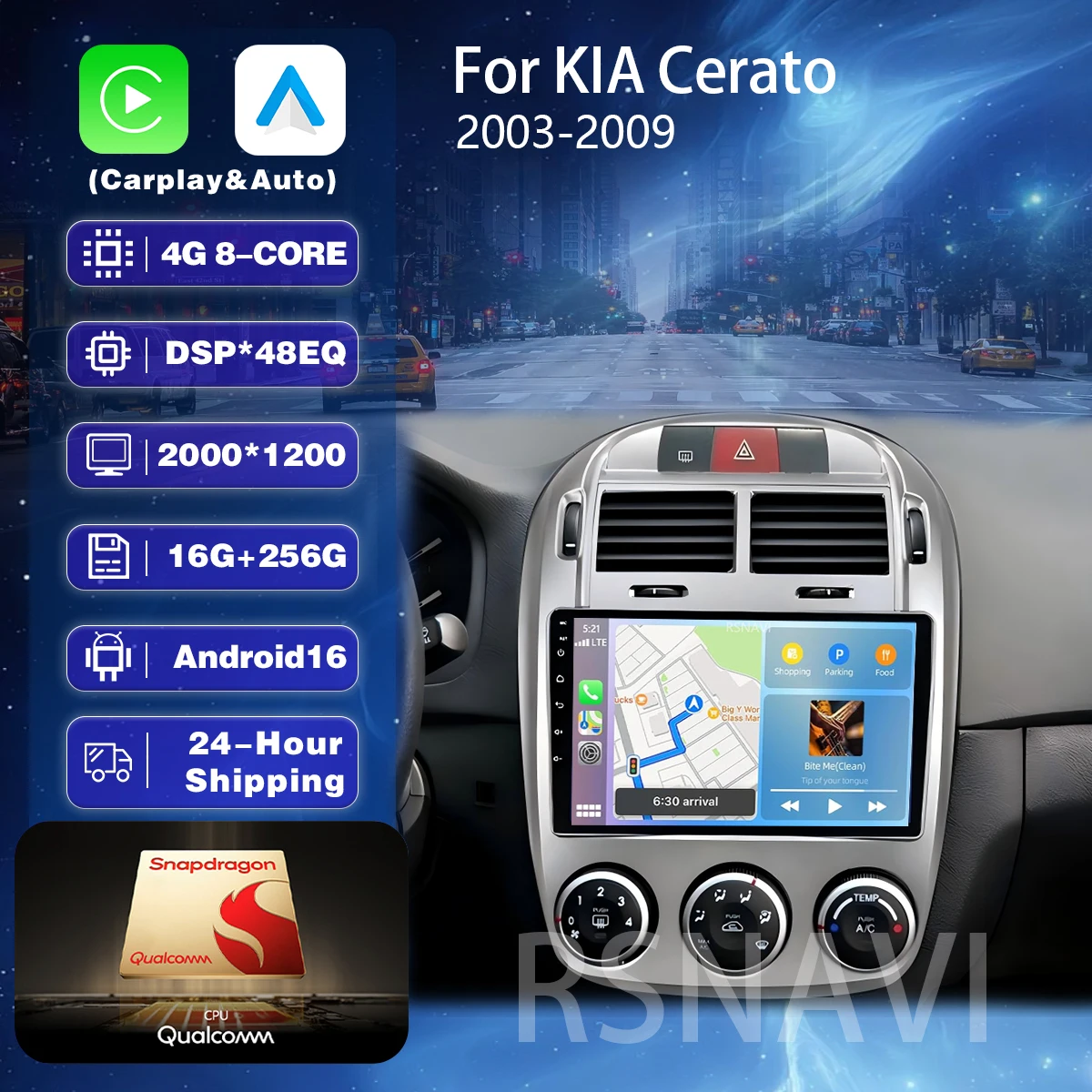 Image of Plug-and-Play Android 16 Carplay Auto Qualcomm Bildschirm Autoradio für KIA Cerato 2003 - 2009 GPS Multimedia BT Stereo DSP