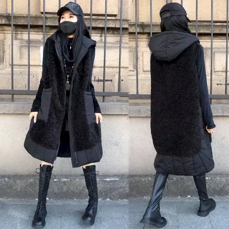 Fashion Hooded Vest Jackets 2025 Autumn Winter Large Size Loose High Waist Medium Long Lamb Wool Stitching Thickened Vests Coat
