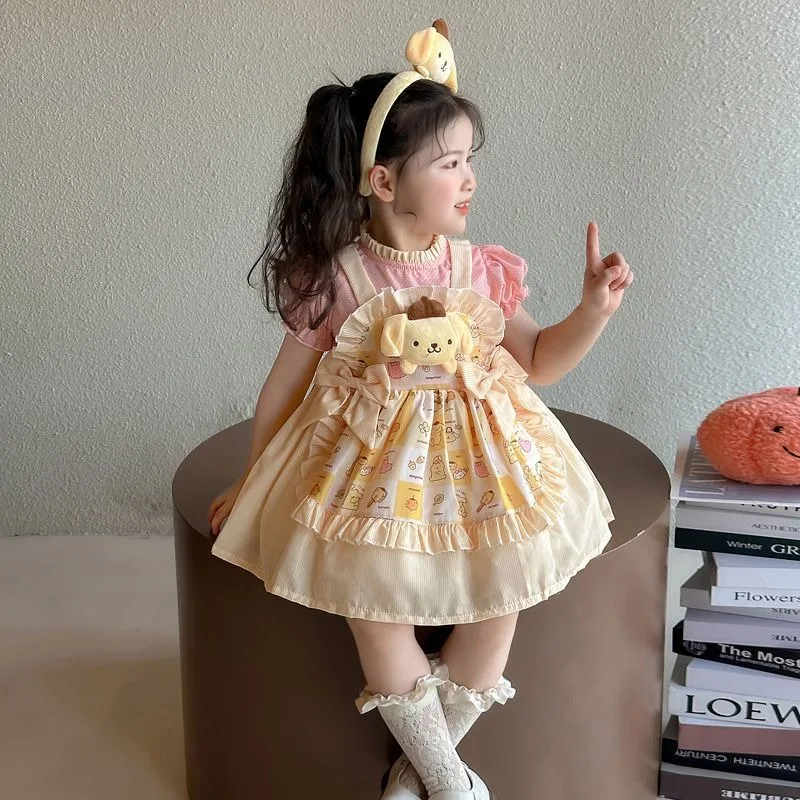 فستان صيفي PomPomPurin أنيمي Kawaii Sanrio Ins فستان قصير الأكمام للفتيات 2025 تنورة أميرات لطيفة للأطفال ملابس هدايا
