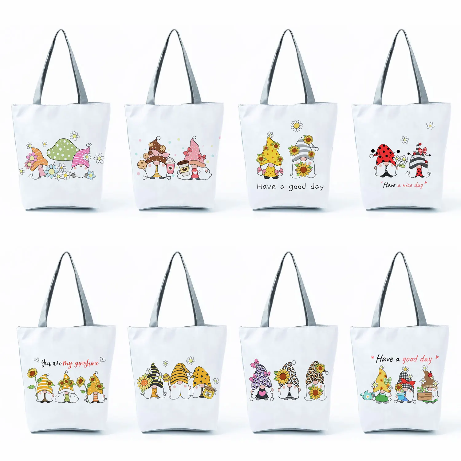 

Outdoor Shoulder Bags Female Cute Gnomes Printed Handbags Eco Reusable Travel Beach Totes Floral Cartoon Women Big Shopping Bags