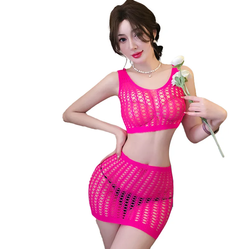 セクシーなランジェリーコスチューム - シアービキニセット & メッシュビーチドレス |   中空ツーピース Gストリング付き