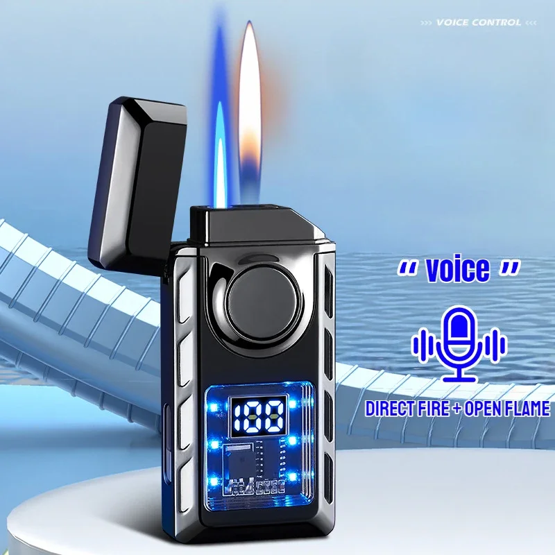 Creative Voice Controlled Ignition Gas Lighter Color Light Battery Display Open Fire Switching Jet Fire USB Electric Lighters