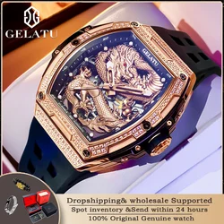 GELATU 6021 Hollow Men Watch Silicone Strap Luxury Waterproof High end Full Diamond Dragon Dial Brand Automatic Mechanical Watch