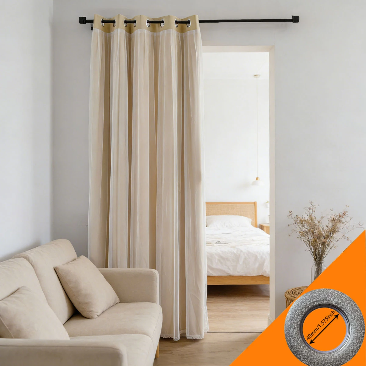 Beige Grommet Double‑Layer Room Divider Curtain 1pc, Sheer Combo Partition Drape for Bedroom Living Room Entryway