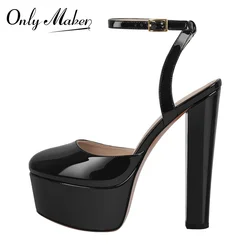 Onlymaker Women Black Patent Leather Platform Chuncky Heel Ankle Buckle Strap Sandals  Big Size Shoes