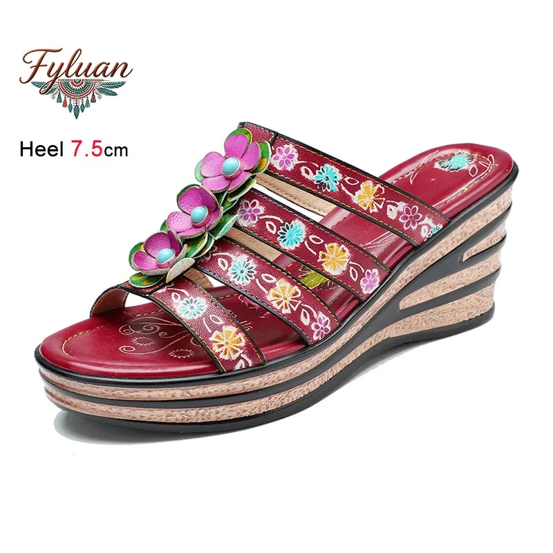 

Green Retro Rivet Slippers For Women Genuine Leather Sandals 7.5CM Block Heels Summer Hand-Painted Bohemian Casual Slip-on Shoes