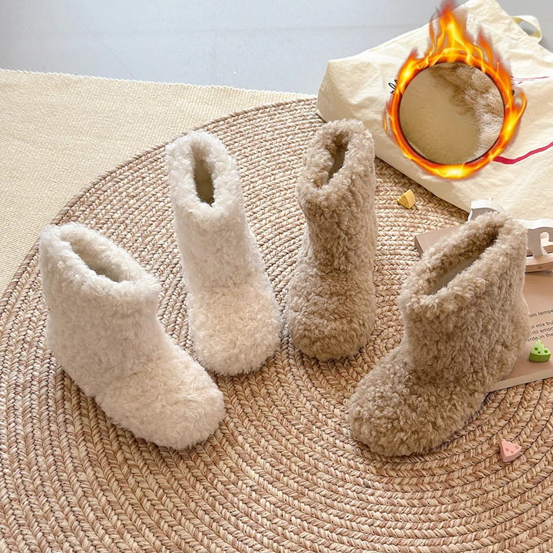 

Kids Shoes for Girl Korean Style Girls Snow Boots 2025 Winter New Fashionable Lamb Wool Warm Mid Calf Boots Fluffy Girls Boots