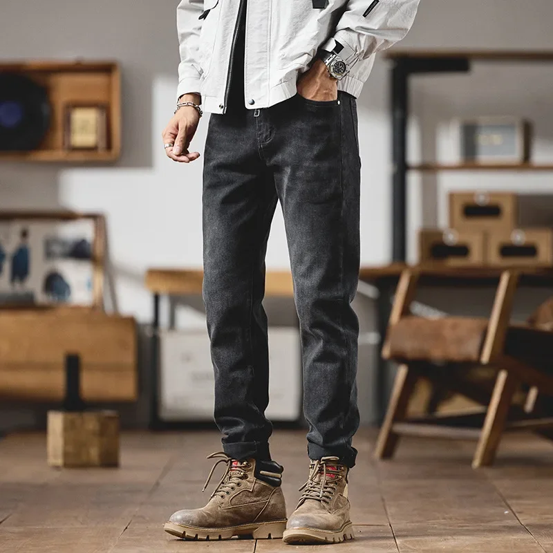 الراقية الرجال مستقيم الساق الجينز عارضة المألوف الثقيلة غسلها الخريف الشتاء الأعمال عارضة السراويل الطويلة