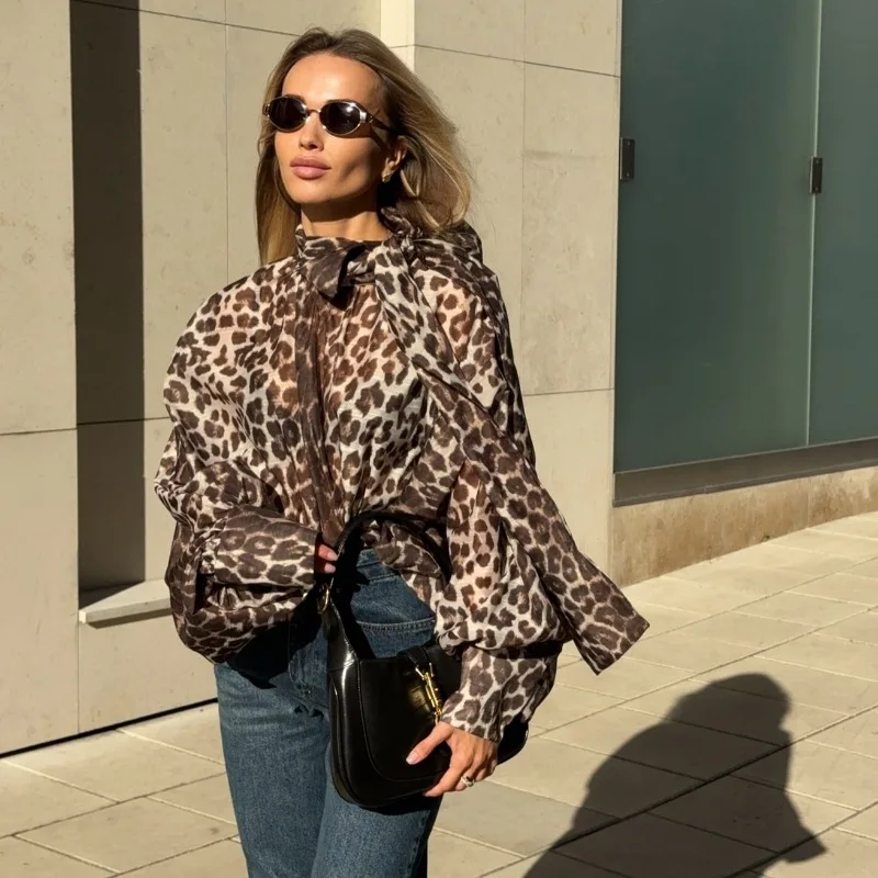 Europe and the United States new autumn retro style leopard print high-neck lantern bat sleeve women's long-sleeved shirt top