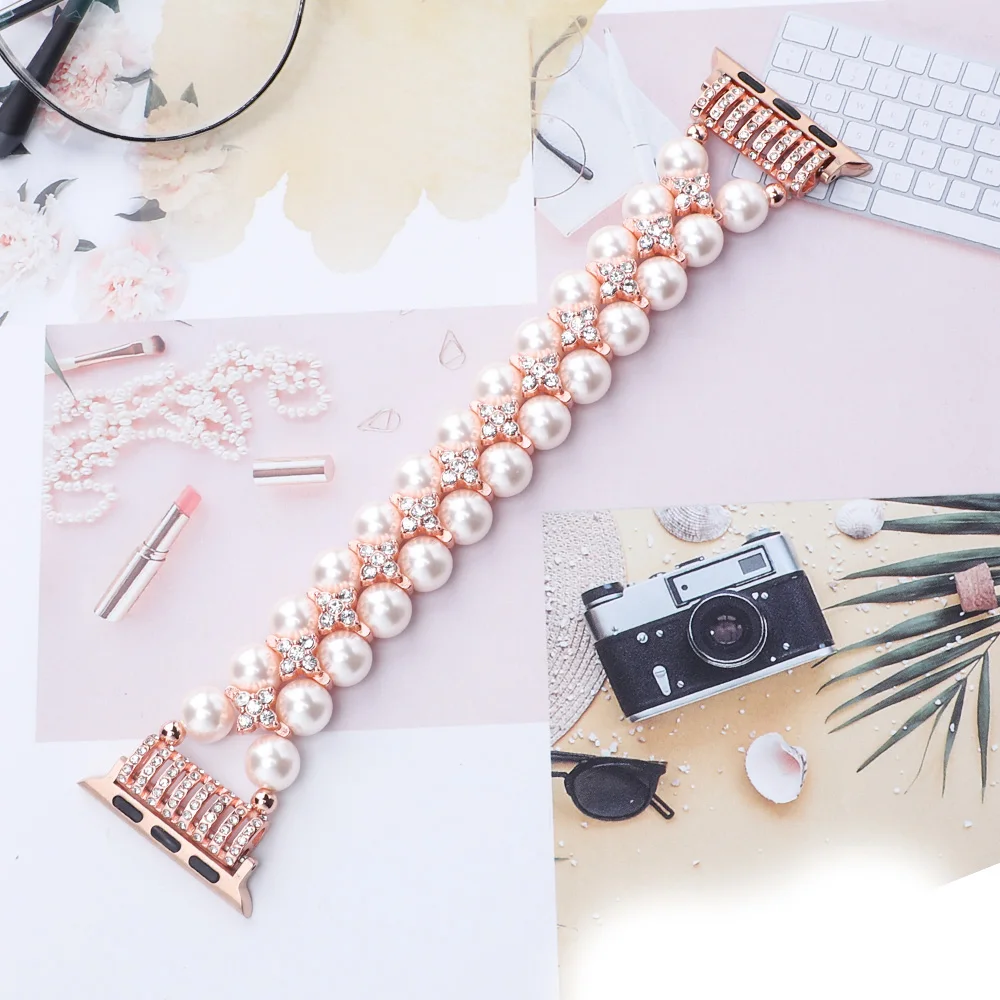 

Pearl Inlaid Diamond Band for Apple Watch Ultra 49mm 46mm 45mm 38mm 41mm 42mm 44mm for iWatch Series 10 9 8 7 6 5 4 Women Strap