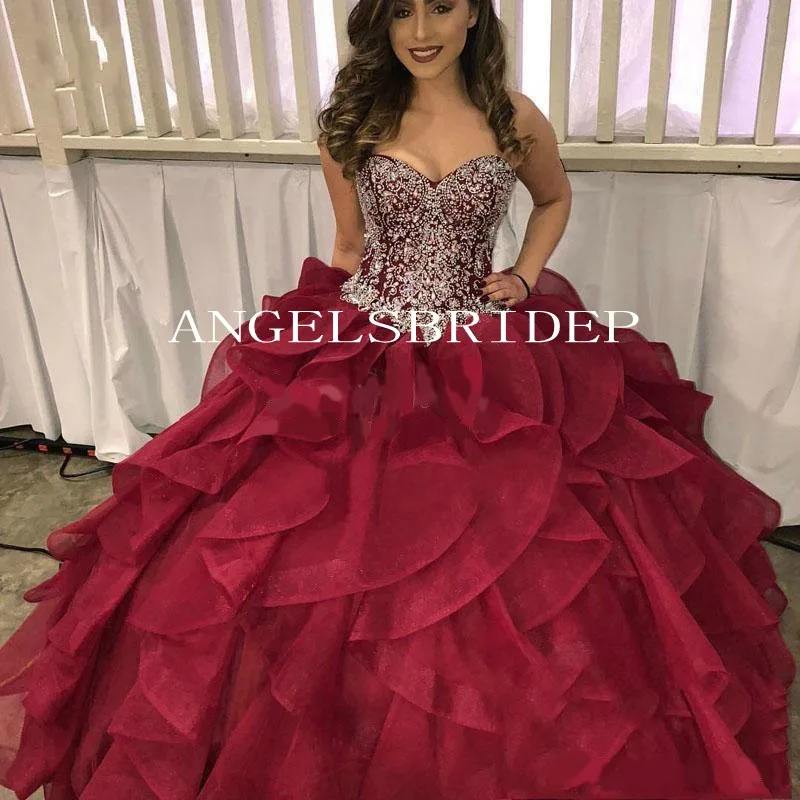 Angelsbridep Burgundy Tinh Thể Bầu 15 Tuổi Đầm Cho Trẻ Trung Quinceanera Áo Người Yêu Vải Xếp Trang Phục Dạ Hội