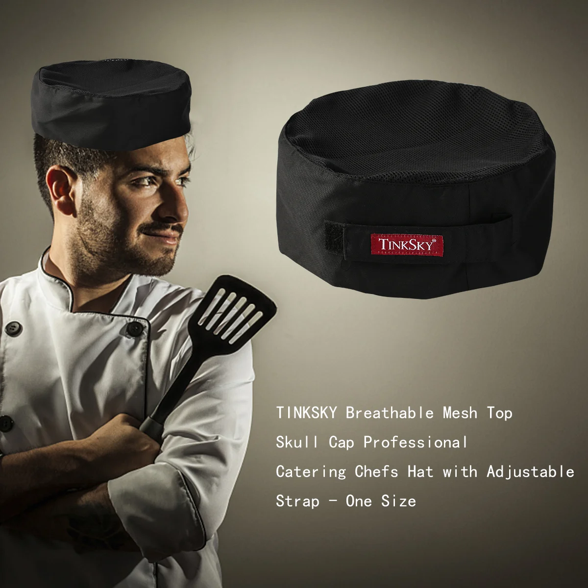 TINKSKY Gorro de chef de catering profesional con calavera de malla transpirable con correa ajustable - Talla única (Negro)