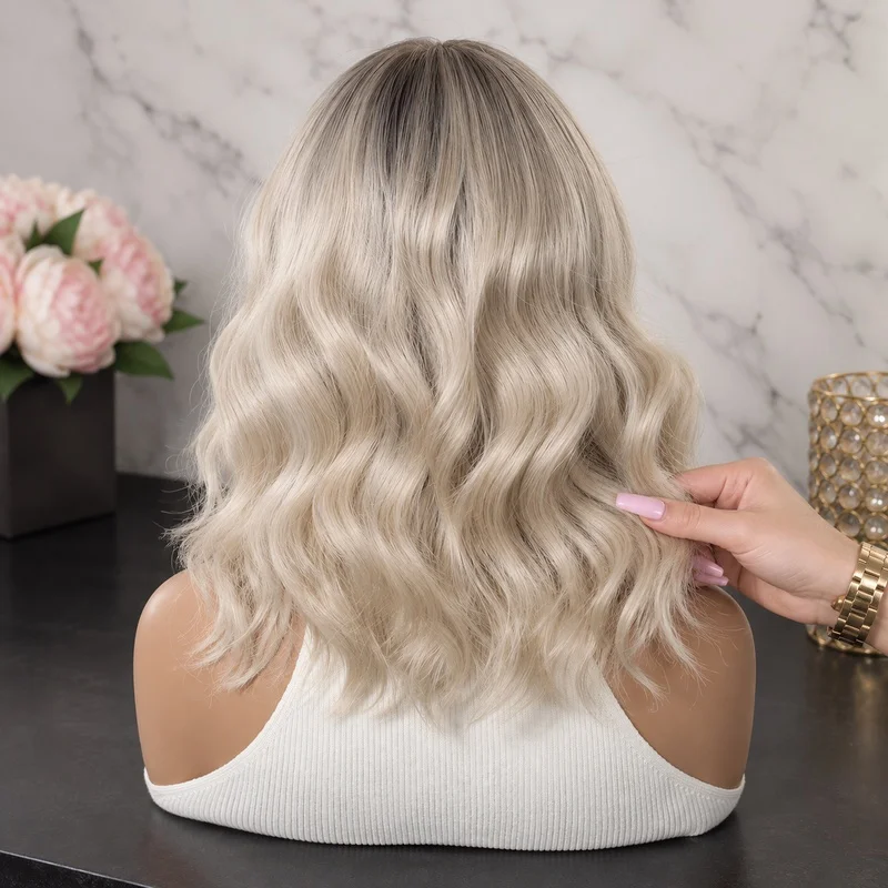 13x6 Lace Front Wig Blonde Wavy Bob Cut with Dark Roots 14 Inch Glueless Short Wig for Women Free Part Summer Breathable