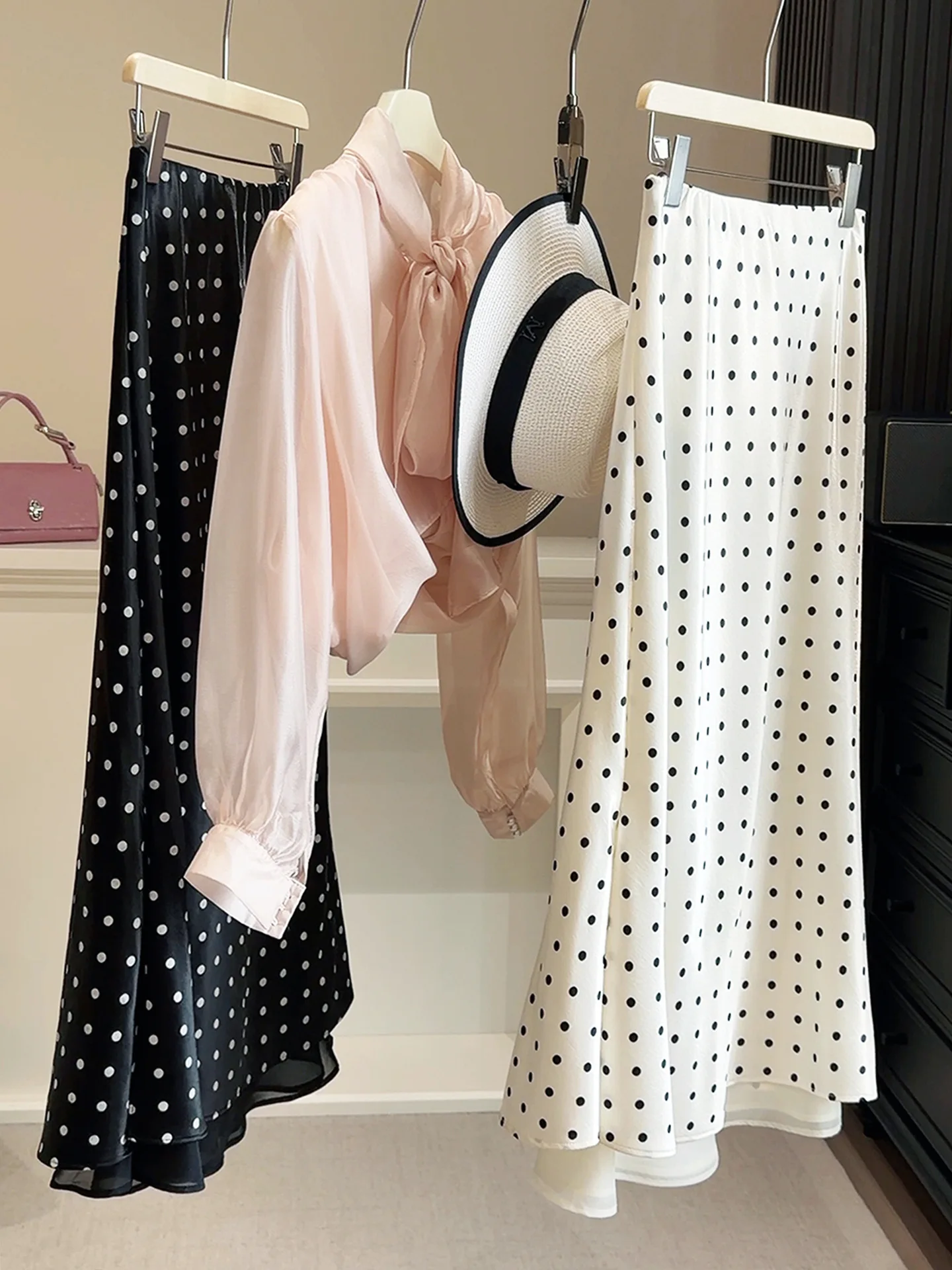 Elegant Polka Dots Satin Beige Bodycon Mermaid Skirt Women Spring Summer Silky Back Slit Midi Skirt Office Comfortable Outfits