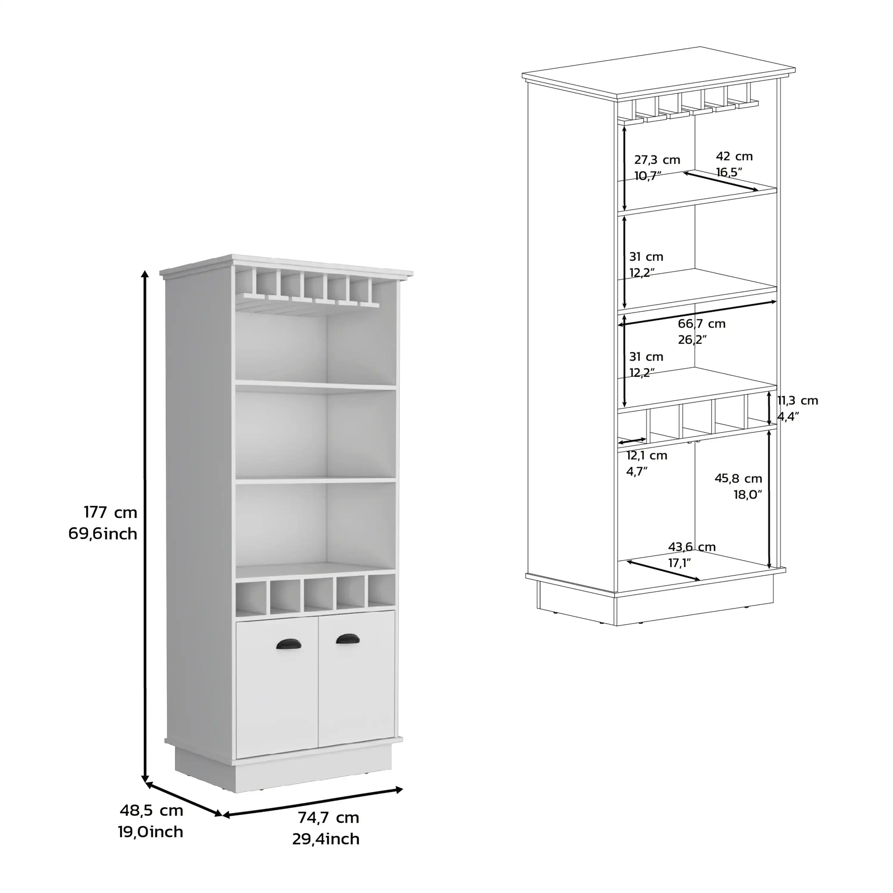 Bar cabinet with wine rack, upper glass cabinet, three open storage racks and one cabinet