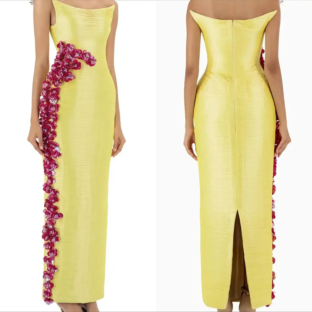 

Высококачественное индивидуальное вечернее платье с круглым вырезом, длиной до щиколотки, с желтыми аппликациями, расшитое бисером, с открытой спиной, на молнии, Hochzeitskleid Damen, роскошное вечернее платье