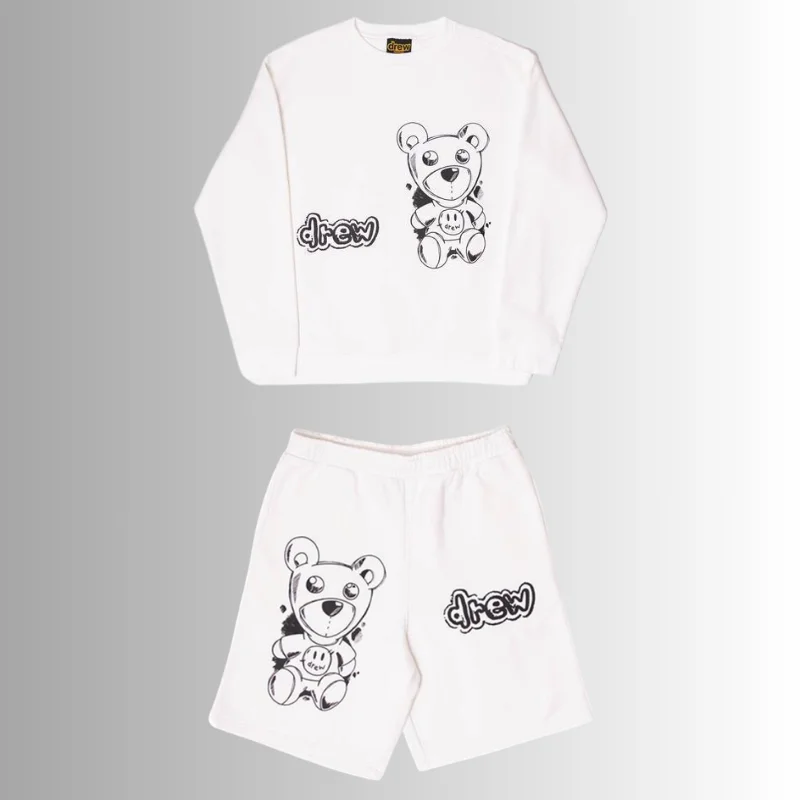 Drew House Men's 2 Piece Tracksuit Bear Print Crewneck Sweatshirt Shorts Set Casual Streetwear Matching Outfit